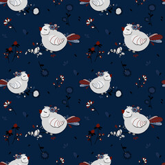 Seamless pattern. Cute grey birds on a branch and blue background. Cartoon children illustration. Winter. Autumn. Decorative flowers, berries, grass and leaves. Great for fabric, textile, cards. - 470391823