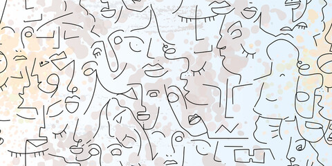 One line drawing. Abstract face seamless pattern.