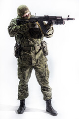 Members of the special purpose unit. A Russian special forces soldier with assault rifle aiming...