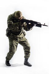 Members of the special purpose unit. A Russian special forces soldier with assault rifle aiming...