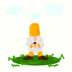 Vector illustration of a garden gnome with a mushroom in his hands