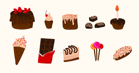Vector set of sweets, pastries, chocolate products