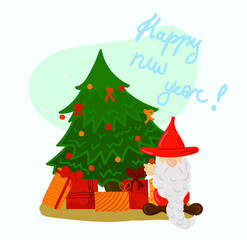 New Year's illustration. Christmas tree and Santa Claus with gifts. Cozy home illustration with happy new year lettering