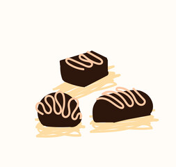A set of chocolates and sweets. Collection of chocolates - vector color illustration with white decor