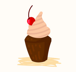 
Chocolate cupcake with vanilla cream and cherry in cartoon style