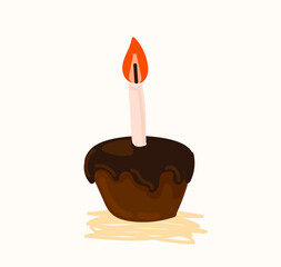 Cupcake with chocolate icing with candle in cartoon style