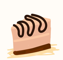 Slice of cheesecake with chocolate icing in cartoon style