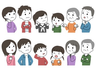 家族三世代の困り顔・考えるイラスト　主線あり