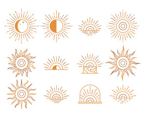 Sunny set golden rays. Geometric linear design sun, symbols for decorations, logos.