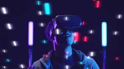 Metaverse VR virtual reality game playing, man play metaverse virtual digital technology game...