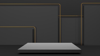 Black stand podium on dark background. Realistic dark platform
