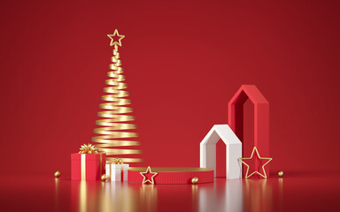 Christmas podium for branding and packaging presentation. Product display with gift boxes, gold christmas tree and stars. Christmas showcase. Cosmetic and fashion. 3d illustration. 3d render.