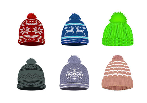 Colorful knitted winter hat set. vector illustration