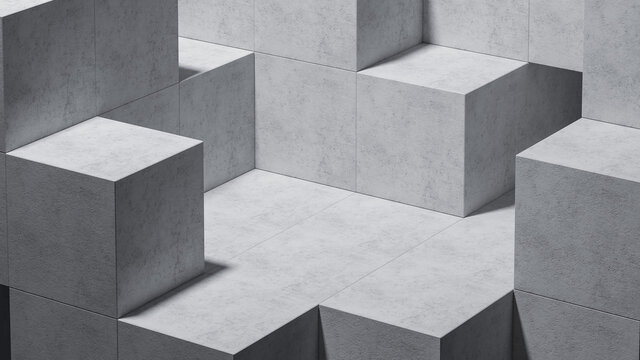 Mockup podium for branding and packaging presentation. Cosmetic and fashion. Minimal design composition with stone cubes. Natural beauty pedestal in sunlight. 3d render. 3d illustration.