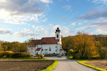 Hagenbrunn in the Weinviertel Region of Lower Austria. Beautiful church St. Veit during autumn. 