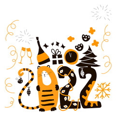 Vector illustration New Year with Tiger behind with elements