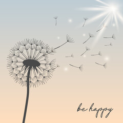 Dandelion on the sky. Greeting card with dandelion. Nature. Be happy