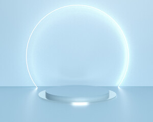 3d rendering podium platform with blue neon frame in abstract stage for product placement and display.