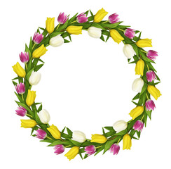 Pink, yellow and white tulip flowers in a round floral frame isolated on white