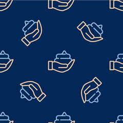 Line Shaving gel foam on hand icon isolated seamless pattern on blue background. Shaving cream. Vector