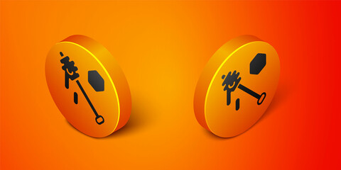 Isometric Honey dipper stick icon isolated on orange background. Honey ladle. Orange circle button. Vector