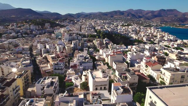 A bird's eye view of the Greek city of Agios Nikolaos. A beautiful European Mediterranean city.