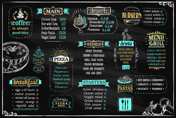 Chalk menu list on a blackboard, design template for cafe or restaurant