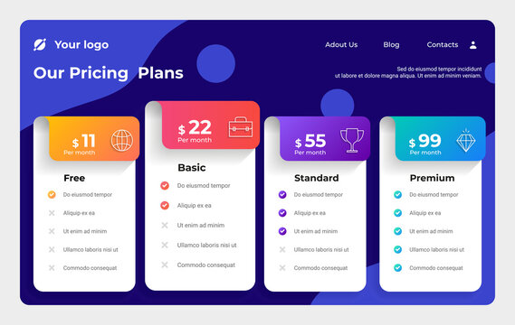 Product price table. Business subscription plan comparison spreadsheet with features checklist and discount pricing tabs. Tariff choice infographic template. Vector website interface