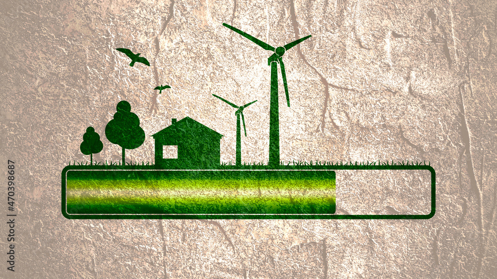 Poster progress or loading bar with trees, house and wind turbine