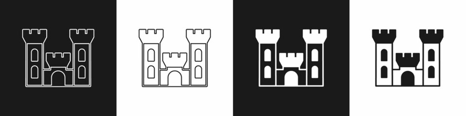 Set Castle icon isolated on black and white background. Medieval fortress with a tower. Protection from enemies. Reliability and defense of the city. Vector