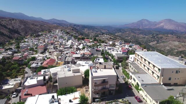 Aerial view. Village in the mountains. Beautiful landscape of mountainous Crete.