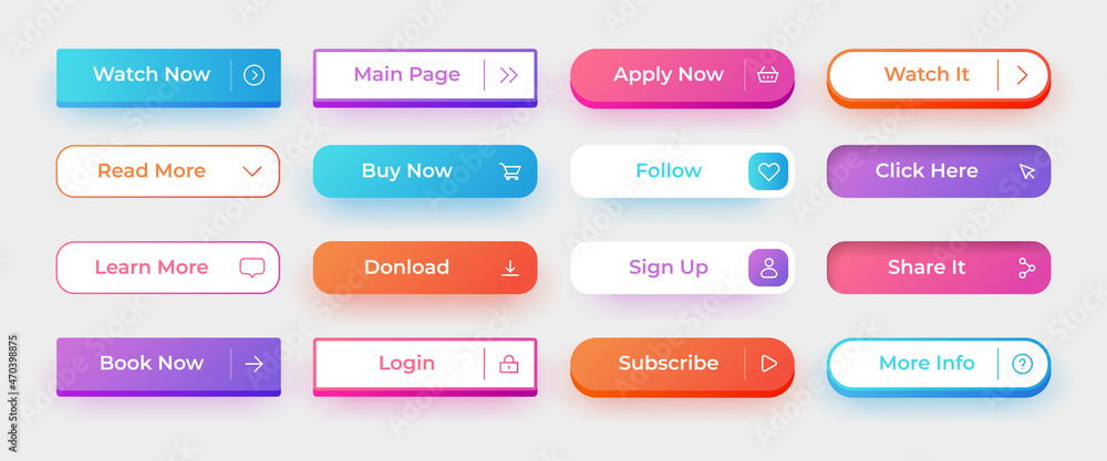 Poster UI button. Website rectangular modern action interface elements. App click download and subscribe screen icons for user interaction. Search or sign up frames. Vector digital symbols set