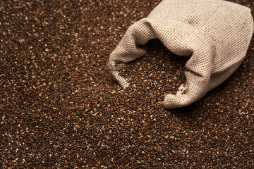 Organic natural chia seeds and burlap sack close-up