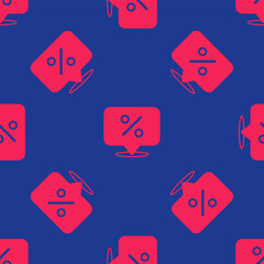 Red Discount percent tag icon isolated seamless pattern on blue background. Shopping tag sign. Special offer sign. Discount coupons symbol. Vector