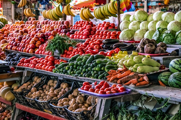Fototapeta na wymiar Vegetables and fruits are laid out on a trade counter at the farmers' market in Zaliznyi port (Kherson region, Ukraine). Food trade in the Ukrainian resort village