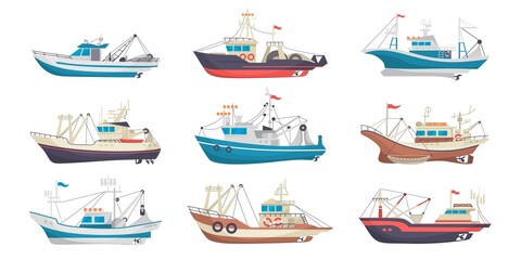 Fishing boat. Cartoon marine fisherman sea vessel. Trawler for seafood transportation. Fishery traditional motorboat. Water transport for fish catching. Vector nautical powerboats set