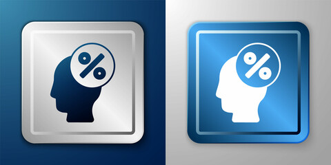 White Discount percent tag icon isolated on blue and grey background. Shopping tag sign. Special offer sign. Discount coupons symbol. Silver and blue square button. Vector