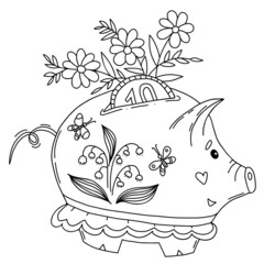 Naklejka premium Cute spring pig piggy bank. Vector illustration in hand doodle style. Pig piggy bank with coin, bouquet of flowers, lilies of valley and butterflies. Outline, linear sketch of financial character