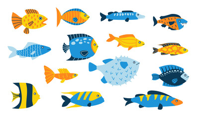 Doodle fish drawing. Summer abstract minimalistic water animals with simple ornamental pattern, happy fish characters. Blue and yellow underwater fauna. Vector cartoon isolated set