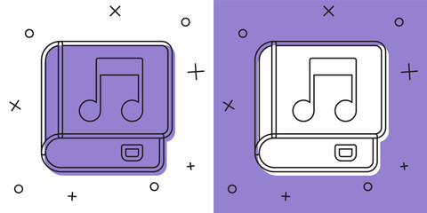 Set Audio book icon isolated on white and purple background. Musical note with book. Audio guide sign. Online learning concept. Vector