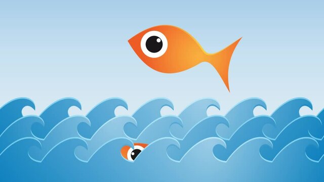 Sea rich and abundant with fish jumping out of the sea. Animated cartoon. Sustainable fishing concept