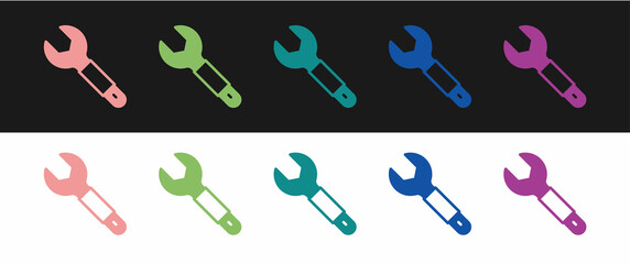 Set Wrench spanner icon isolated on black and white background. Spanner repair tool. Service tool symbol. Vector