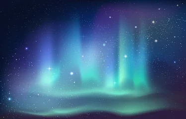 Fotobehang Aurora Borealis background. Arctic and Antarctic polar night sky with stars and glowing Northern light. Vibrant green blue and purple gradient magic effect. Vector winter night illustration © SpicyTruffel