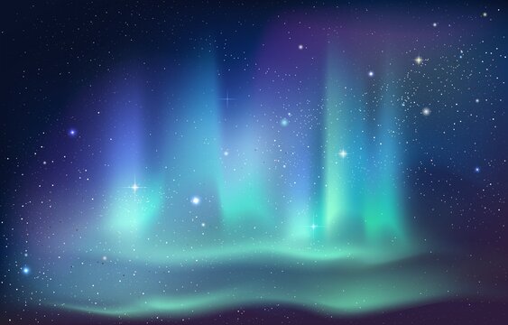Aurora Borealis background. Arctic and Antarctic polar night sky with stars and glowing Northern light. Vibrant green blue and purple gradient magic effect. Vector winter night illustration