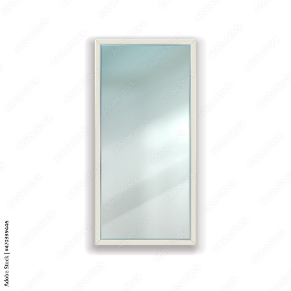 Poster realistic rectangular mirror for bathroom. home reflective surface in white square frame hanging on 