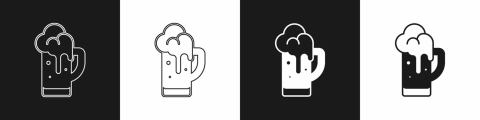 Set Glass of beer icon isolated on black and white background. Vector