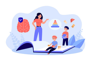 Teacher teaching children educational games. Tiny boy and girl playing with cubes and pyramid flat vector illustration. Kindergarten, education concept for banner, website design or landing web page