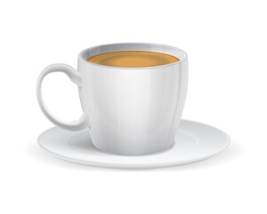 Realistic white coffee cup with espresso drink. Mug on plate side view, Ceramic tableware for hot beverages, delicious cappuccino, restaurant isolated menu element, vector 3d object