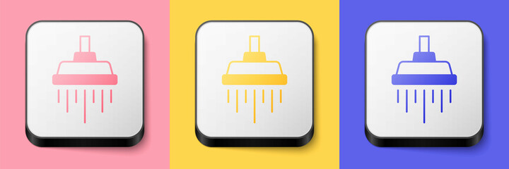 Isometric Shower head with water drops flowing icon isolated on pink, yellow and blue background. Square button. Vector