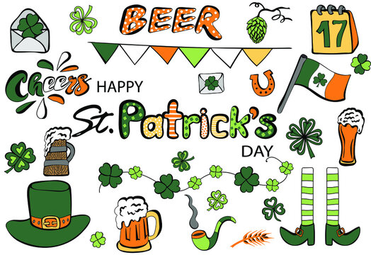 Saint Patrick's Day set. Clover, green hat, beer, irish flag. Decorative elements for banner, poster and greetings cards. Vector illustration in doodle style.